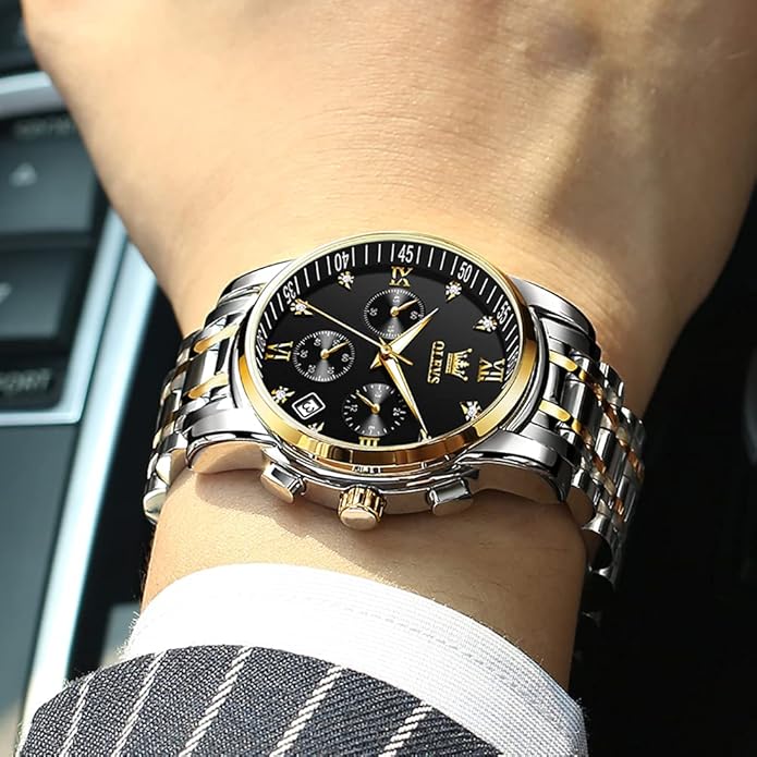 OLEVS Men's Luxury Watch Waterproof Luminous Easy Read Chronograph Watches Full Gold/White Dail/Black Face with Calendar Wristwatch