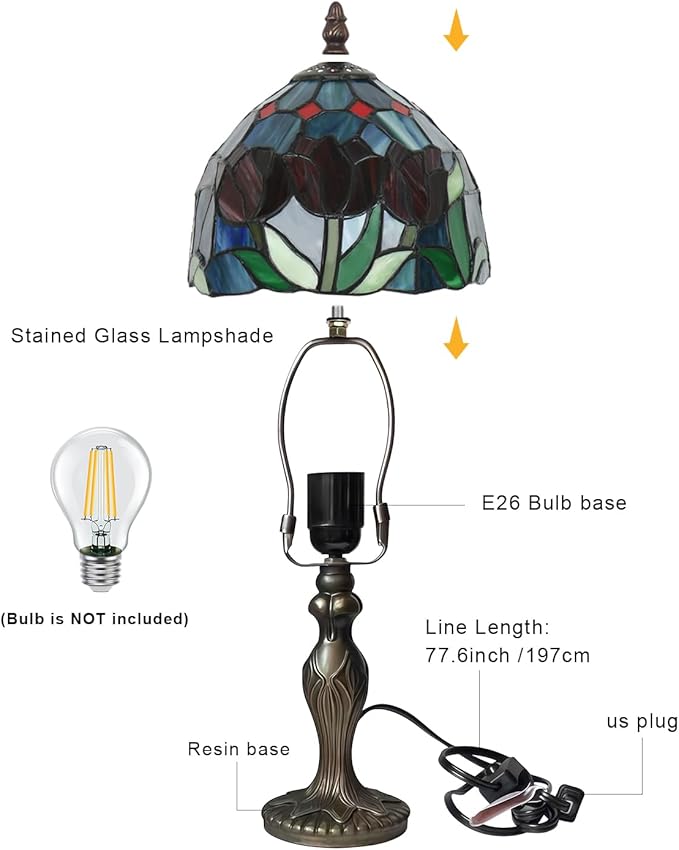 Stained Glass Lamp，Tulip Style Table Lamp，8 Inch Small Antique Lamp, for Bedside Nightstand Bedroom Living Room Home Office
