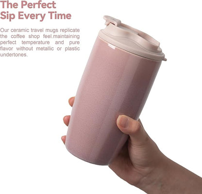 Ceramic Travel Coffee Mug with Polypropylene Lid and Insulated Sleeve, 16 oz, Portable Coffee Cup for Car Cup Holder, Transmutation Glaze Microwave and Dishwasher Safe(Pinkish Purple)