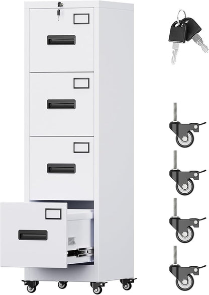 Aobabo 4 Drawer File Cabinet with Wheels, Lockable Metal Filing Cabinet with Name Card for Office and Home,Required Assembly,White