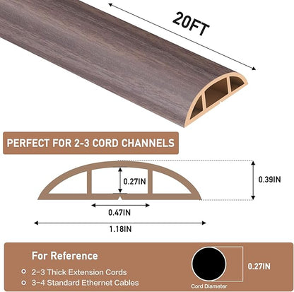Floor Cord Cover Self Adhesive Cord Hider Floor Extension Cord Covers for Floor Power Cord Protector Cable Management Prevent Cable Trips Cable Cavity 0.47" W x 0.27" H (Brown Walnut Wood, 20Ft)
