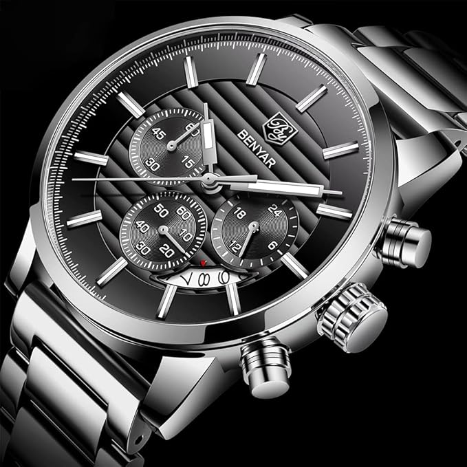 BENYAR Quartz Chronograph Waterproof Watches Business and Sport Design Leather Band Strap Wrist Watch for Men