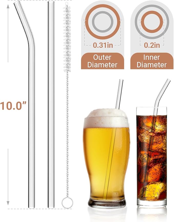 Foogwee® 20 Packs Reusable Glass Straws Set, 10'' x 8mm Clear Drinking Straws for Smoothies, Shakes, Coffee, Juice, Sodas, Milk, Tea, Cocktails, Set of 8 Straight and 8 Bent with 4 Cleaning Brushes