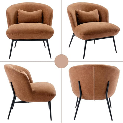 Modern Accent Chair, Upholstered PU Leather Side Chair Guest Chair with Small Pillow Black Metal Legs, Comfy Lounge Chair for Living Room Bedroom, Brown