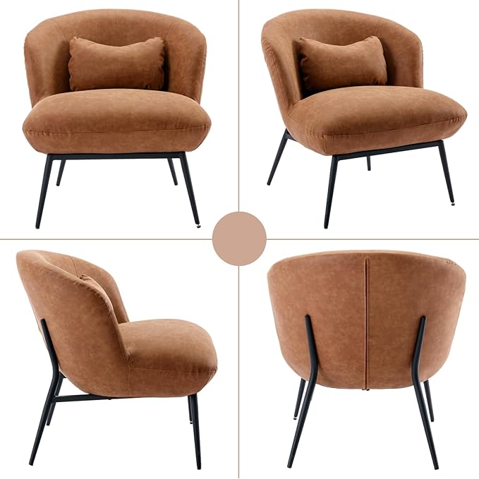 Modern Accent Chair Set of 2, Upholstered PU Leather Side Chair Guest Chair with Small Pillow Black Metal Legs, Comfy Lounge Chair for Living Room Bedroom, Brown