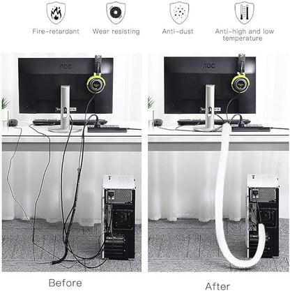 AGPTEK Cable Sleeve Cover, 10ft - 4/5 inch Desk Cord Organizer Cable Hider, Home Office Wire Management Computer TV Wire Loom Tubing, Pet Proof Cord Protector, from Cat Dog Chewing, White