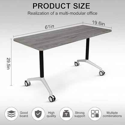 Conference Table Folding Conference Room Tables, Modern Mobile Meeting Training Table with Silent Wheels, Foldable Seminar Table for Offices, Classrooms, Libraries (10, Grey2, 61in)