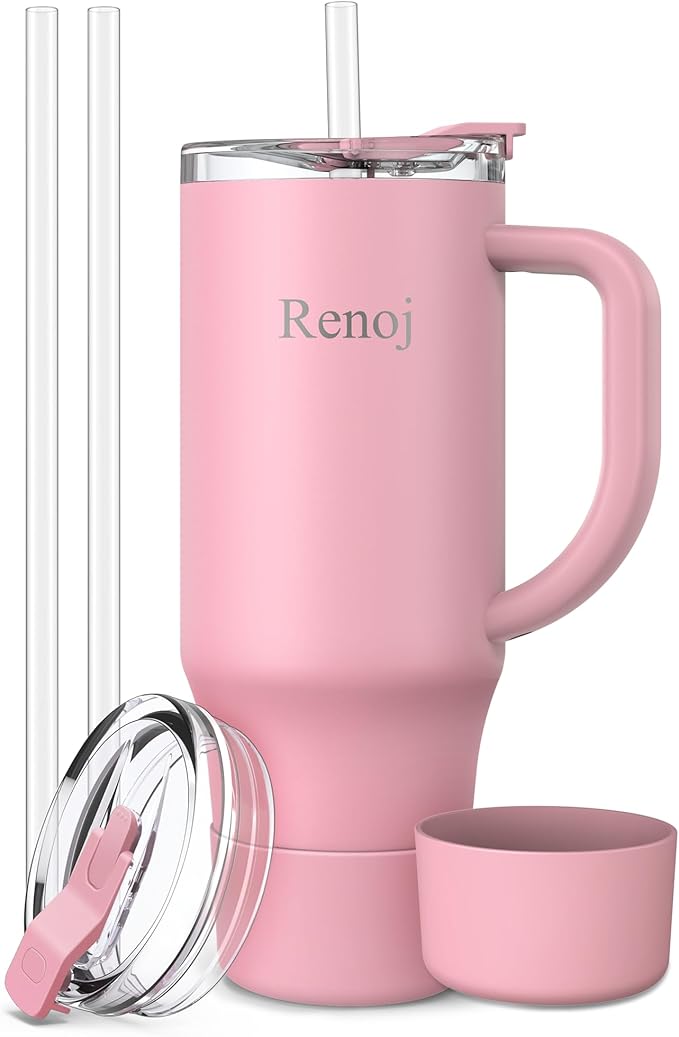 Renoj Tumbler with Handle 100% Leak Proof Insulated Water Bottle for Iced Coffee & Hot Drinks - Fits Car Cup Holder, Ideal Gift, 2 Straws & Silicone Boot BPA-Free - SnapShift Pink 40 oz