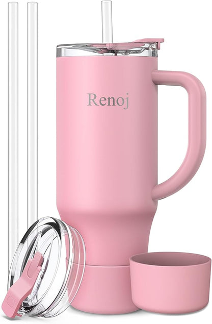 Renoj Tumbler with Handle 100% Leak Proof Insulated Water Bottle for Iced Coffee & Hot Drinks - Fits Car Cup Holder, Ideal Gift, 2 Straws & Silicone Boot BPA-Free - SnapShift Pink 40 oz