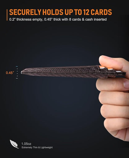 Buffway Slim Minimalist Front Pocket RFID Blocking Leather Wallets for Men and Women - Carbon Fiber Coffee