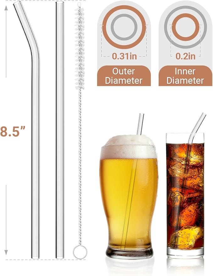 Foogwee® 20 Packs Reusable Glass Straws Set, 8.5'' x 8mm Clear Drinking Straws for Smoothies, Shakes, Coffee, Juice, Sodas, Milk, Tea, Cocktails, Set of 8 Straight and 8 Bent with 4 Cleaning Brushes