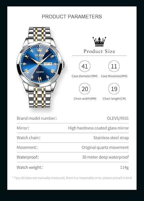 OLEVS Mens Watch Stainless Steel Analog Quartz Watches for Men Day Date Easy Read Diamond Waterproof Dress Luxury Classic Casual Big Face Blue/Black/Gold/Silver Roman Arabic Numerals Men's Wrist Watch