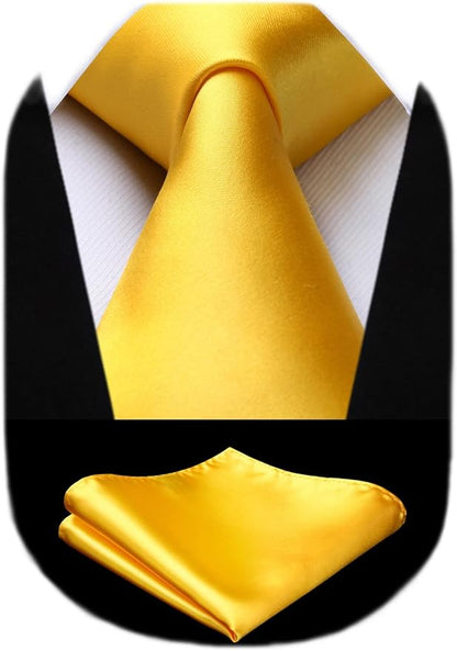 HISDERN Mens Solid Color Ties Formal Satin Necktie and Pocket Square Set Classic Wedding Business Tie & Handkerchief