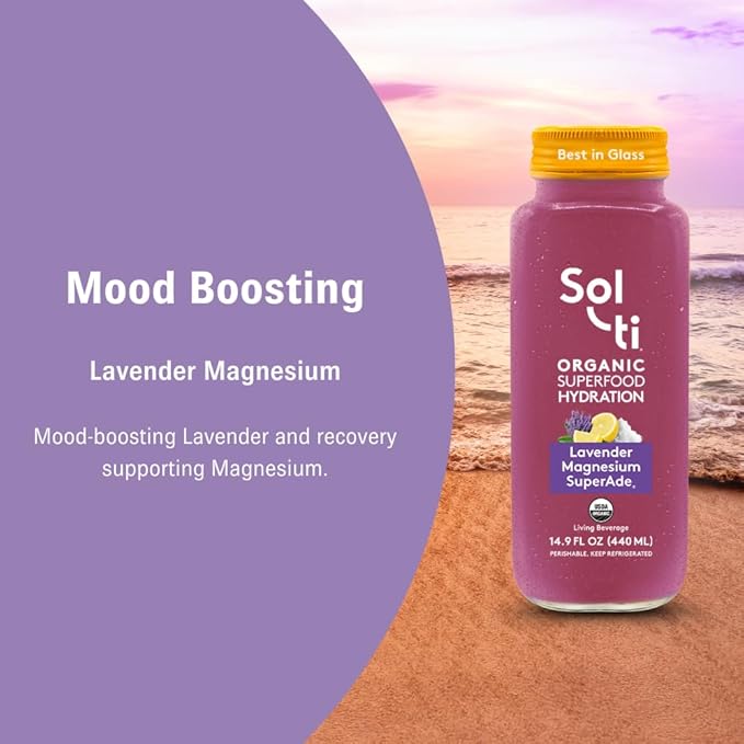 Organic SuperAde Hydration Drink, Digestive Health + Balanced Mood, SuperFood Lemonade by Sol-ti, Cold-Pressed Lavender, Magnesium, & Lemon Juice Blend,16 Pack (14.9 Fl oz)