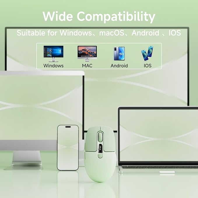 EWEADN Q1 Wireless Mouse, Bluetooth & 2.4G Silent Mouse Quiet Click with 3 DPI Levels, Battery & DPI Smart Display, 6 Button Small Portable Cordless Mice for Laptop/PC/Mac-Green