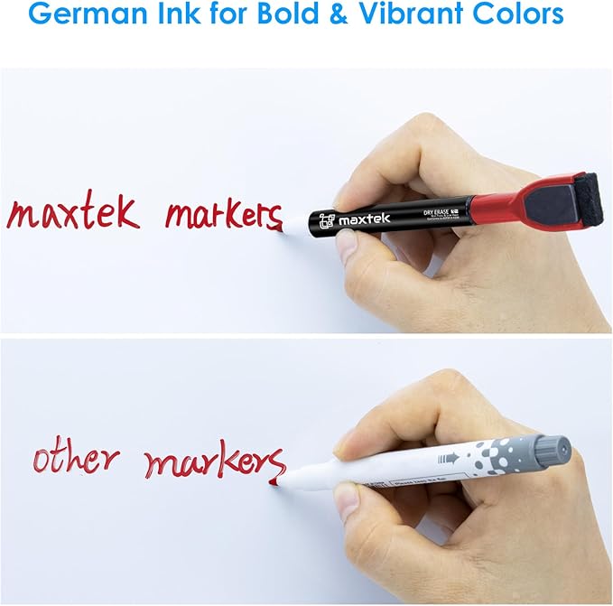 maxtek Magnetic Whiteboard Markers - 12 Count Red Fine Tip Dry Erase Markers with Eraser for Kids, Low Odor Thin Markers for Calendar Boards