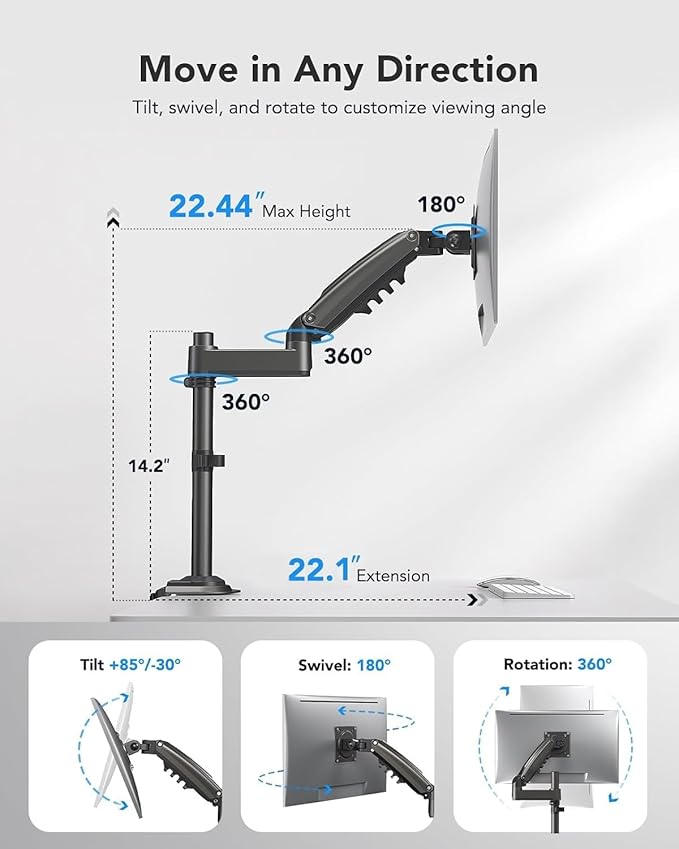HUANUO Single Monitor Arm, Adjustable Desk Mount for 13-34 inch Screens, Holds 19.8lb, 22.44 inch Max Height, Full Motion Swivel Monitor Stand with VESA 75x75mm and 100x100mm Compatibility