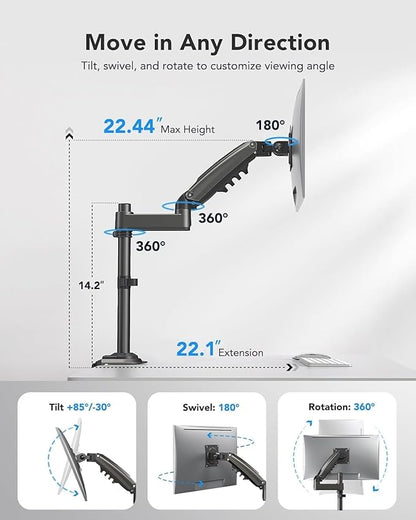 HUANUO Single Monitor Arm, Adjustable Desk Mount for 13-34 inch Screens, Holds 19.8lb, 22.44 inch Max Height, Full Motion Swivel Monitor Stand with VESA 75x75mm and 100x100mm Compatibility