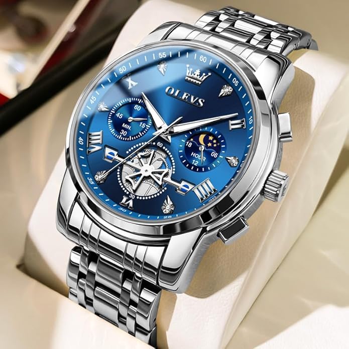 OLEVS Men Silver Watches,Men's Stainless Steel Chronograph Watch,Man Analog Quartz Big Face Male Watches Luxury Waterproof Roman Numeral Dress Diamond Relojes para Hombre