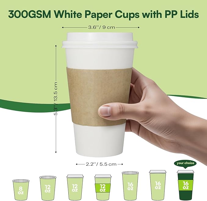 Disposable Coffee Cups with Lids & Sleeves 16 oz Paper Cups, 50 Pack To Go Hot Cups with Lids, BPA Free Thickened Leak Proof White Disposable Cups for Everyday Use Office Coffee Bar Supply Essentials