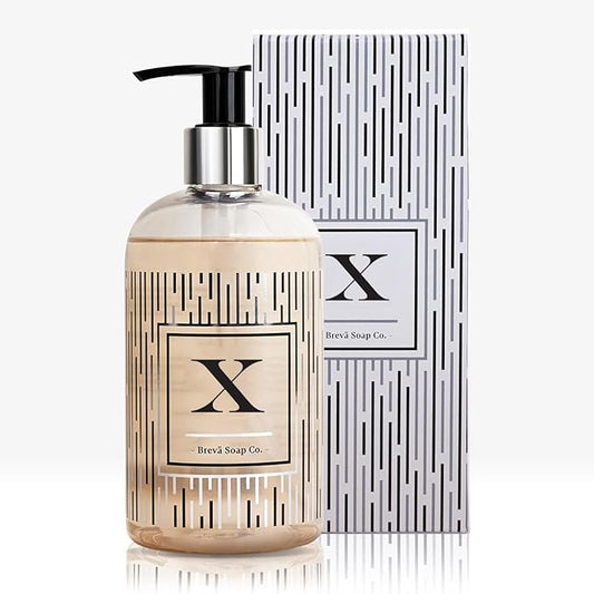 Brevä Soap Co. Monogrammed Luxury Liquid Hand Soap | Choose from Letters A to Z | Citrus Bloom Scent | Personalized Liquid Hand Wash for Bathroom & Kitchen |12 oz - Letter X