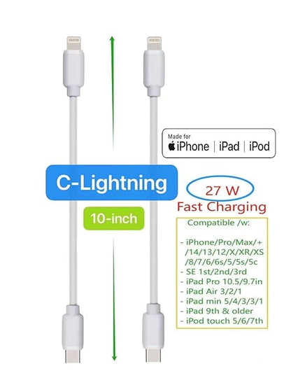 10-Pack Multi Short USB Cables & TypeC-C Cables for Charging Stations Compatible/w iPhone17,16,15, iPhone5-14/ iPads/iPad mini/iPad Pros/Samsung Moblies & Tablets/Pixel & Nexus/HTC/Sony(White)