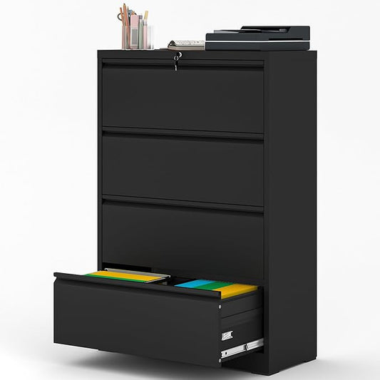 File Cabinet with Lock, 4 Drawer Lateral Filing Cabinet for Home Office, Black Metal Heavy Duty File Cabinets for Hanging Letter/Legal/F4/A4 Size Files, Assembly Required