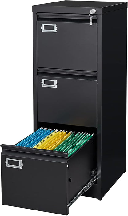 Metal Vertical File Storage Cabinet, 3 Drawer File Cabinet with Lock, 18" Deep Vertical Filing Cabinets for A4 Legal/Letter Size, Assembly Required (3 Drawer - Black)