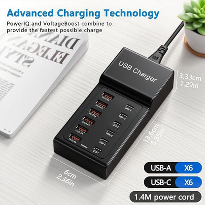 Multi USB Charger USB C Charging Station Block 50W 12 Ports Multiple USB C Hub USB Charging Strip for iPhone 13/14/15/16/Smartphone/Tablet