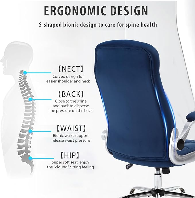 Fabric Office Chair, Velvet High Back Executive Desk Chair with Flip-Up Arms, Ergonomic Office Chairs with Lumbar Support, Upholstered Home Computer Chair with Wheels,Blue