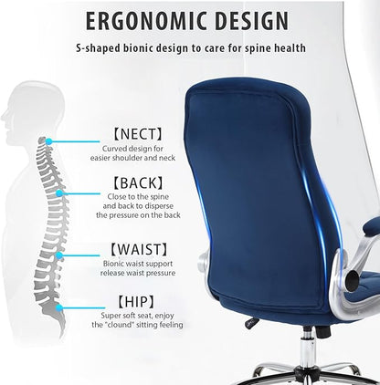 Fabric Office Chair, Velvet High Back Executive Desk Chair with Flip-Up Arms, Ergonomic Office Chairs with Lumbar Support, Upholstered Home Computer Chair with Wheels,Blue