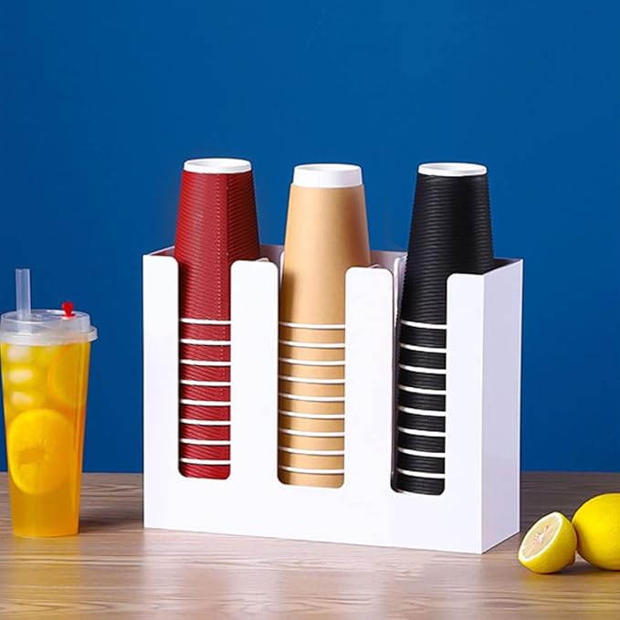 Tirifer Disposable Paper Cup Dispenser, Acrylic Coffee Cup and Lid Storage Organizer Holder, Coffee Milk Tea Shop Restaurant Accessories Christmas Party Supplies, 3 Compartments, White