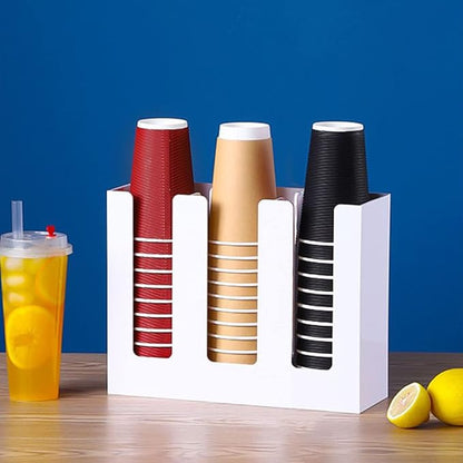 Tirifer Disposable Paper Cup Dispenser, Acrylic Coffee Cup and Lid Storage Organizer Holder, Coffee Milk Tea Shop Restaurant Accessories Christmas Party Supplies, 3 Compartments, White