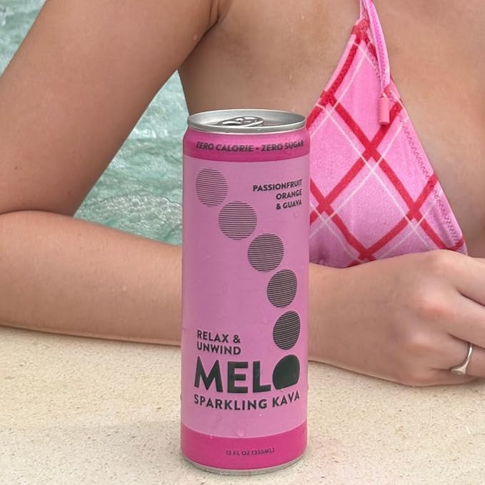 Melo Sparkling Kava Drink, Passionfruit, Orange & Guava, Sugar Free Non-Alcoholic Drinks, Zero Calories, Gluten Free, Vegan, 750mg Kava Root, 12 Pack, 12 oz Cans