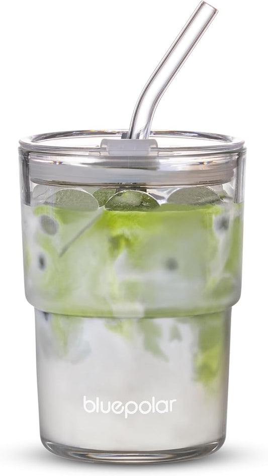 13oz/400ml Glass Water Tumbler with Straw and Lid Sealed Carry On Thick Wall Iced Coffee Cup Glass Cup for Water, Iced Tea Fruit Juice Etc(Aurora White