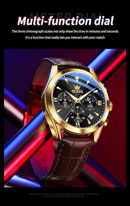 OLEVS Men's Leather Analog Quartz Watch - Luxury Chronograph Wristwatch With Date, Waterproof, Luminous - Dress Style