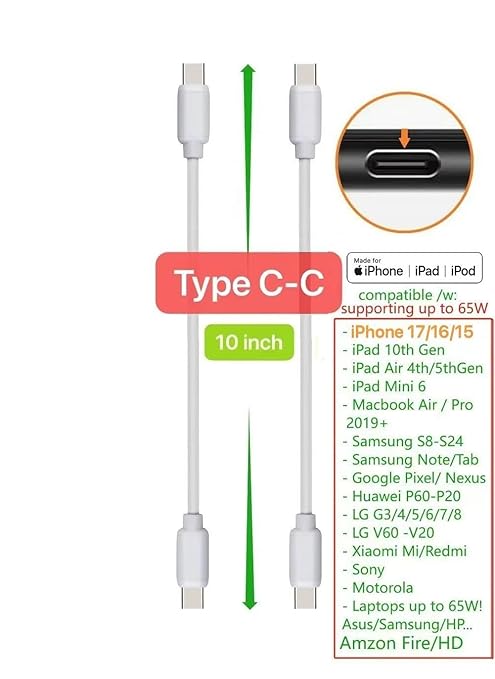 10-Pack Multi Short USB Cables & TypeC-C Cables for Charging Stations Compatible/w iPhone17,16,15, iPhone5-14/ iPads/iPad mini/iPad Pros/Samsung Moblies & Tablets/Pixel & Nexus/HTC/Sony(White)