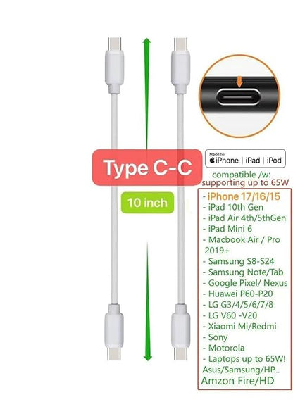 10-Pack Multi Short USB Cables & TypeC-C Cables for Charging Stations Compatible/w iPhone17,16,15, iPhone5-14/ iPads/iPad mini/iPad Pros/Samsung Moblies & Tablets/Pixel & Nexus/HTC/Sony(White)