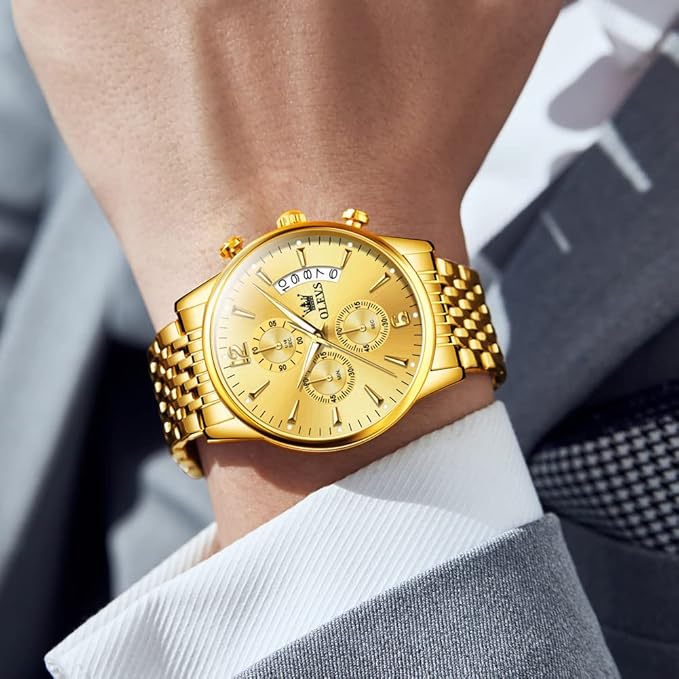 OLEVS Men's Stainless Steel Chronograph Watch, Big Face Gold Silver Black Tone Easy to Read Analog Quartz Watch, Luxury Waterproof Date Diamond Roman Arabic Numerals Dial Dress Watch for Men