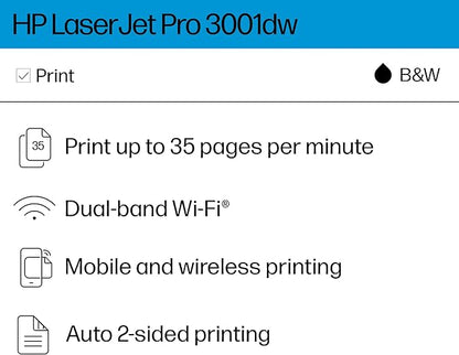 HP LaserJet Pro 3001dw Wireless Black & White Printer, Best-for-Office (3G65OF)