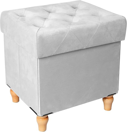 CAROLMADE Folding Storage Ottoman Cube Velvet Footstool with Wood Legs Ottoman Footrest for Living Room and Bedroom, Grey 15"x12.6"x15.4”