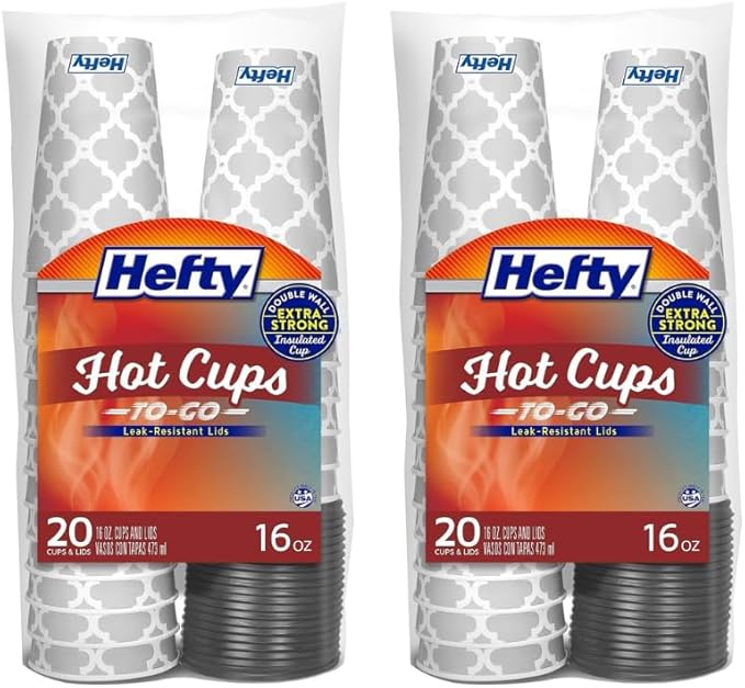 Hefty Paper Disposable Hot Cups with Lids, 16 Ounce, 20 CT (Pack - 2)
