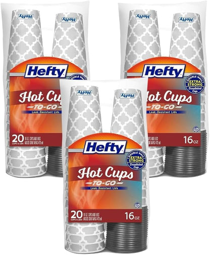 Hefty Paper Disposable Hot Cups with Lids, 16 Ounce, 20 CT (Pack of 3)
