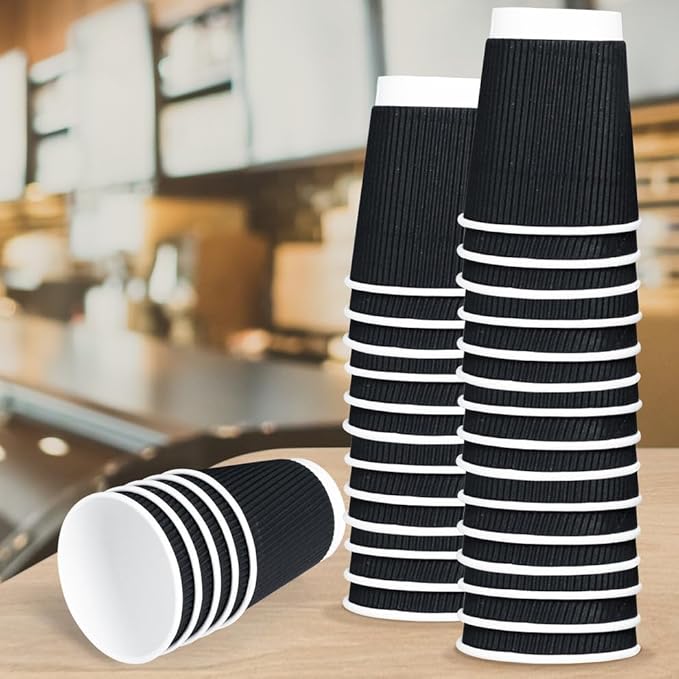 three leaf 9 Oz. Ripple Wall Cups Individually Wrapped, (Black) 900 Ct. Hot/Cold Cup For Coffee, Water, Tea, Juice, Picnic, Party, Travel And Events For Hotel and Motels (20 Packs Of 45)