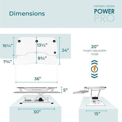 VERSADESK® PowerPro™ Electric Standing Desk Converter - Height Adjustable Desk Riser with Keyboard Tray - Holds 80 lbs - Built-in USB Charging Port - Ergonomic Sit Stand Workstation | White (36 inch)
