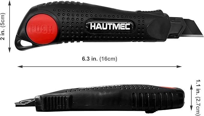 HAUTMEC 18mm Soft Grip Auto-Lock Utility Knife With Red Safety Switch, Sturdy Cutter with Ultra Sharp Black Snap-off Blade, HT0081-KN
