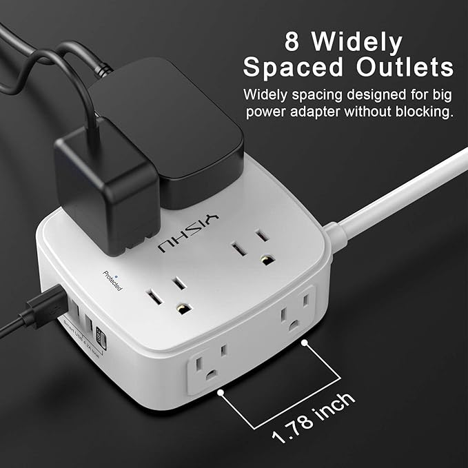 15 Ft Surge Protector Power Strip - 8 Widely Outlets with 4 USB Ports, 3 Side Outlet Extender with 15 Feet Extension Cord, Flat Plug, Wall Mount, Desk USB Charging Station, ETL, White