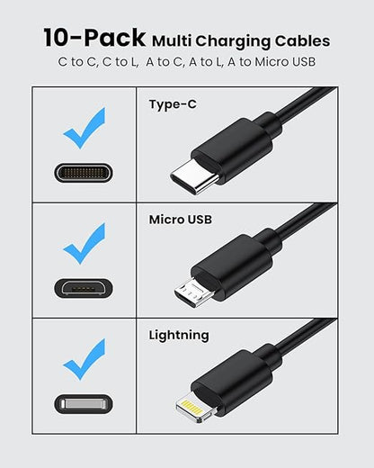 [1FT, 10-Pack] Multi Short USB Charging Cables, Fast Charge & Sync Type-C/Lightning/Micro Cords Bulk for Charging Station Compatible with iPhone16&15, iPhone5-14, iPads, iPods, Mobiles, Tablets, Black