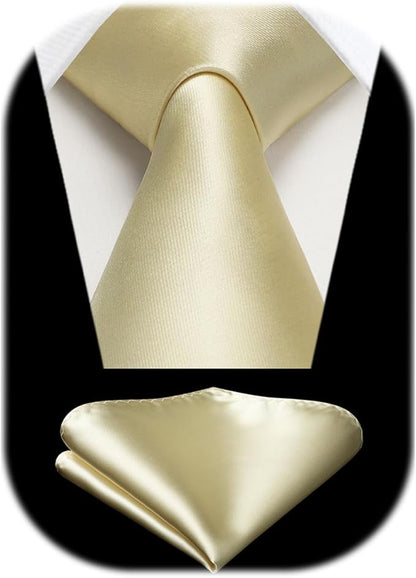 HISDERN Mens Solid Color Ties Formal Satin Necktie and Pocket Square Set Classic Wedding Business Tie & Handkerchief