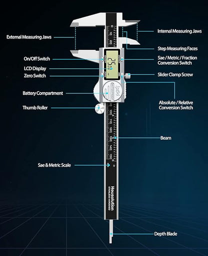 Housolution Digital Caliper 6 Inch, (ABS) Absolute Scale Caliper, IP54 Caliper Measuring Tool, Inch/MM/Fraction, Auto-Off LCD Stainless Steel Waterproof Micrometer Vernier Caliper, with Feeler Gauges